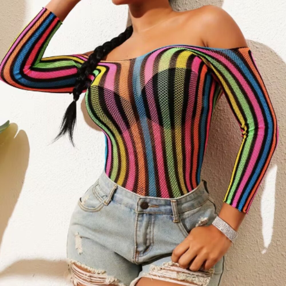 Rainbow Color Striped Fishnet Dress Cover-Up - Picture 2 of 6